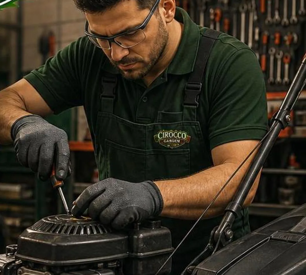 Manutenzione del motore di una macchina da giardino al banco di lavoro